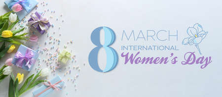 Beautiful greeting card for International Women's Day with gifts and tulip flowers