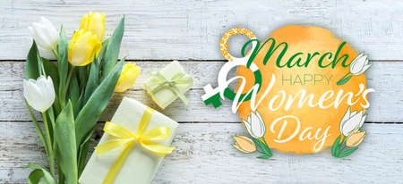 Beautiful greeting card for International Women's Day with gifts and tulip flowers