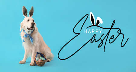Beautiful greeting card with adorable dog in bunny ears