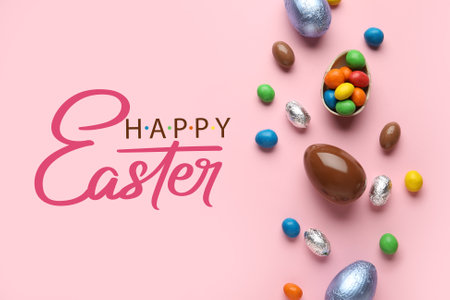 Tasty chocolate eggs and candies on pink background. happy easter celebration