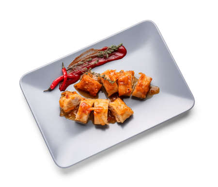 Plate with tasty stuffed cabbage rolls on white backgroundの写真素材