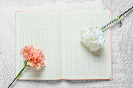 Beautiful carnation flowers and notebook on light backgroundの写真素材