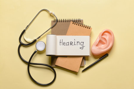 Notebook with word HEARING and stethoscope on color backgroundの写真素材