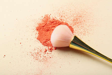 Makeup brush and loose eye shadow on light backgroundの写真素材