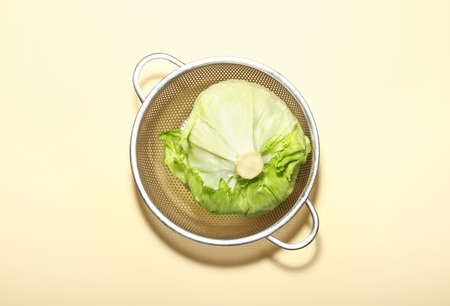 Fresh iceberg lettuce on color backgroundの写真素材