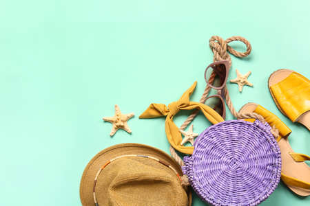 Composition with beach accessories on color background, closeupの写真素材