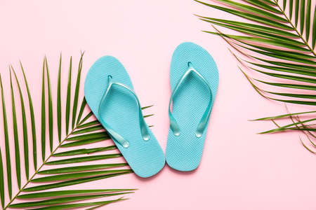 Stylish flip-flops and palm leaves on color backgroundの写真素材