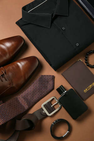 Stylish male clothes and accessories on color backgroundの写真素材