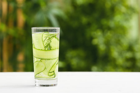 Glass of cucumber lemonade on table outdoorsの写真素材