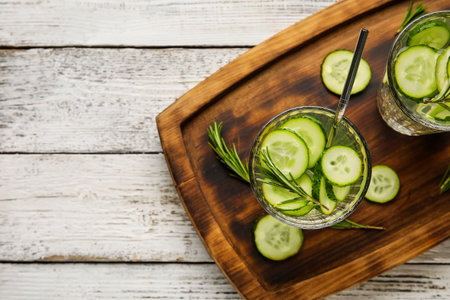 Glasses with cucumber lemonade on light wooden backgroundの写真素材