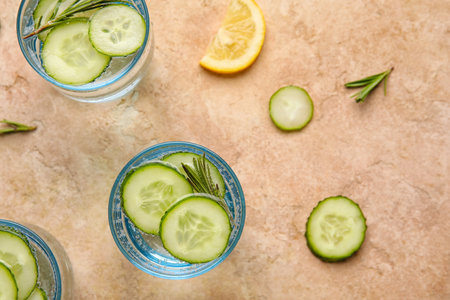 Glass with cucumber lemonade on color backgroundの写真素材