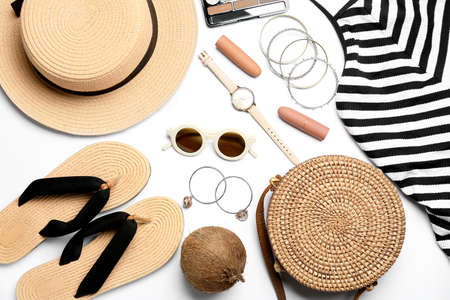 Set of female accessories, cosmetics and coconut on white background, closeupの写真素材