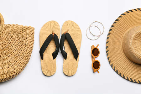 Set of beach accessories on white background, closeup