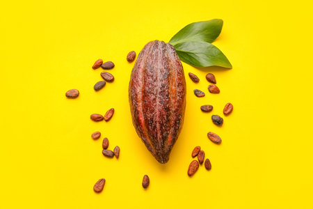 Fresh cocoa fruit and beans on color backgroundの写真素材