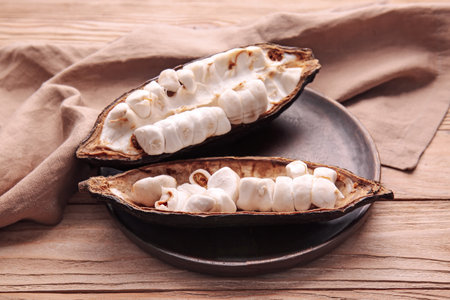 Plate with fresh cocoa fruit on wooden background