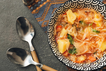 Composition with tasty sauerkraut soup on dark background, closeup