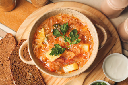 Pot with tasty sauerkraut soup, sour cream and slices of fresh bread on tableの写真素材
