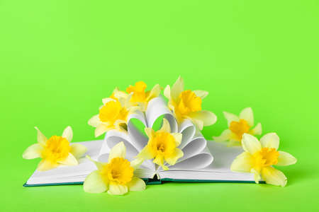 Book with beautiful daffodils on color backgroundの写真素材