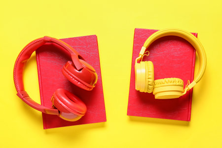 Modern headphones and books on color backgroundの写真素材