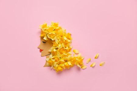 Paper female figure with beautiful daffodils on color backgroundの写真素材