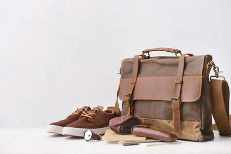 Set of stylish male accessories on light backgroundの写真素材