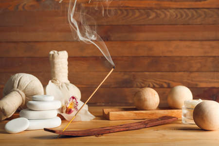 Beautiful spa composition on wooden tableの写真素材