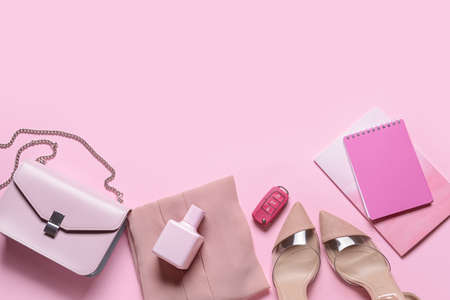 Stylish female accessories on pink backgroundの写真素材