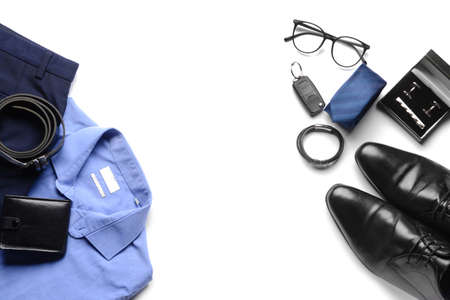 Male clothes and set of stylish accessories on white backgroundの写真素材
