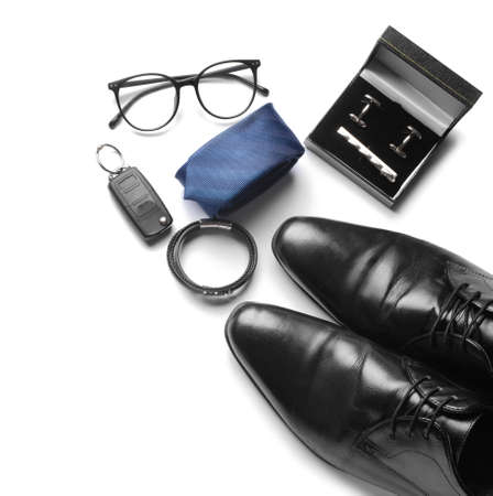 Set of stylish male accessories on white backgroundの写真素材