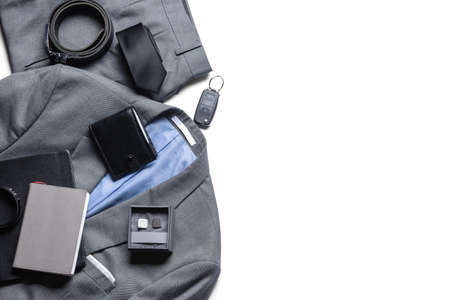 Male clothes and set of stylish accessories on white backgroundの写真素材