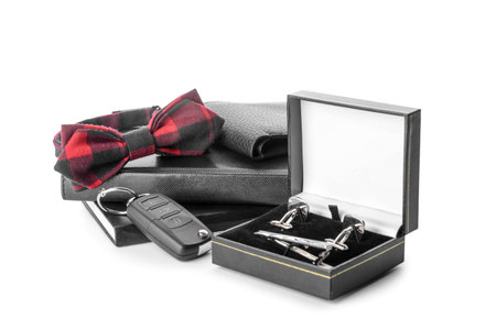 Set of stylish male accessories on white background