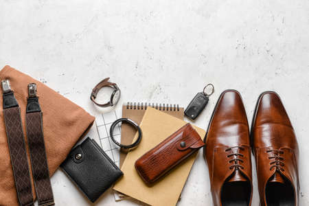 Set of stylish male accessories on light backgroundの写真素材