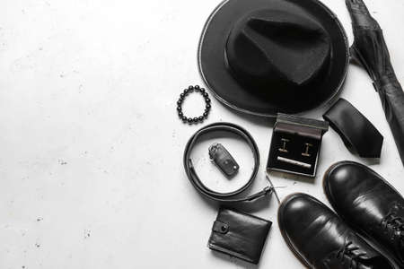 Set of stylish male accessories on white backgroundの写真素材