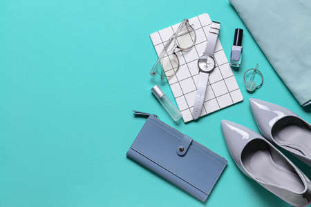 Stylish female accessories on turquoise backgroundの写真素材