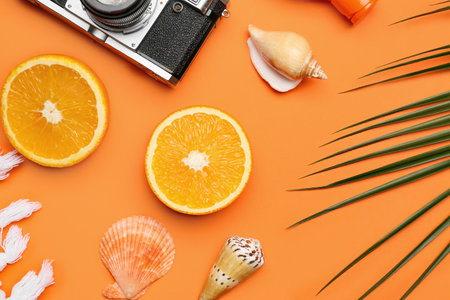 Summer composition with orange, seashells and palm leaf on color backgroundの写真素材