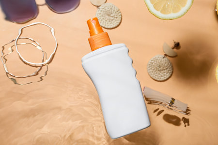 Bottle of cosmetic product and accessories into water on color backgroundの写真素材