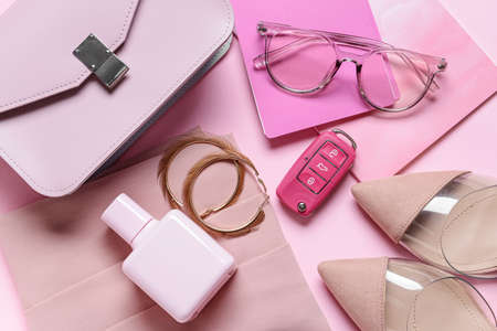 Stylish female accessories on pink backgroundの写真素材