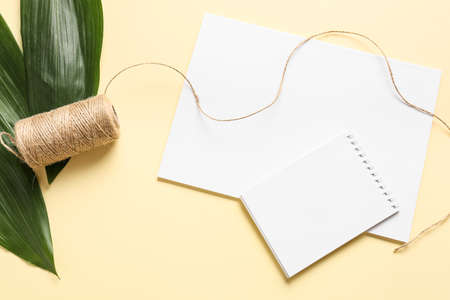 Composition with blank notebook, book, rope and green leaves on color background
