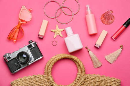 Set of female accessories and cosmetics on color backgroundの写真素材