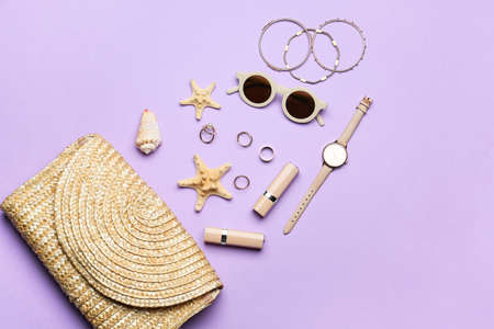 Set of female accessories and cosmetics on color backgroundの写真素材