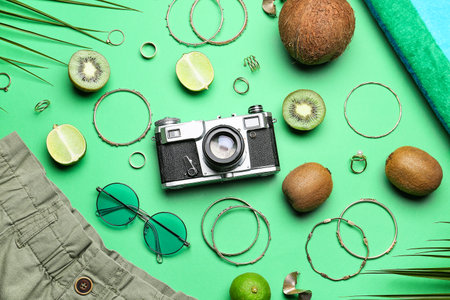 Set of female accessories, photo camera and fruits on color backgroundの写真素材