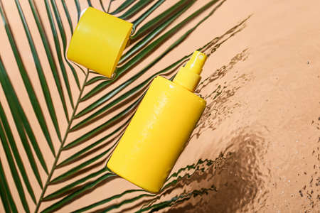 Bottle of cosmetic product and palm leaf into water on color backgroundの写真素材