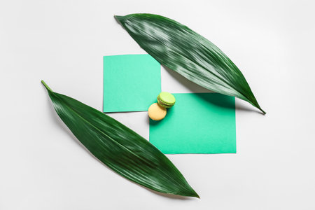 Composition with blank cards, cookies and green leaves on white backgroundの写真素材