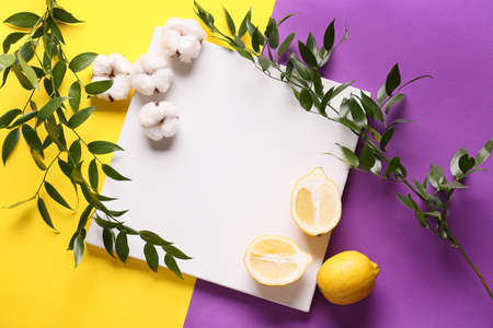 Composition with blank poster, lemons, plant branches and cotton flowers on color backgroundの写真素材