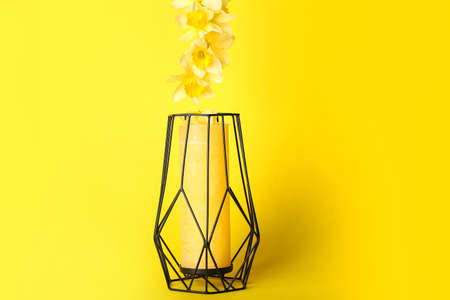 Creative composition with candle and beautiful daffodils on color backgroundの写真素材