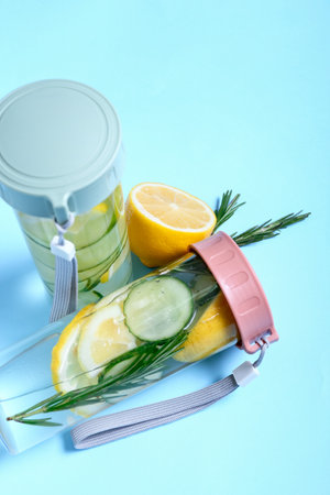 Bottles with cucumber lemonade on color backgroundの写真素材