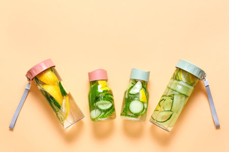 Bottles with cucumber lemonade on color backgroundの写真素材