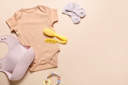 Baby clothes and accessories on color backgroundの写真素材