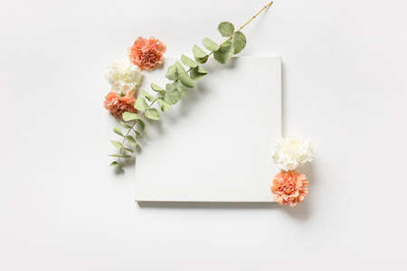 Composition with blank poster, flowers and eucalyptus branch on white backgroundの写真素材