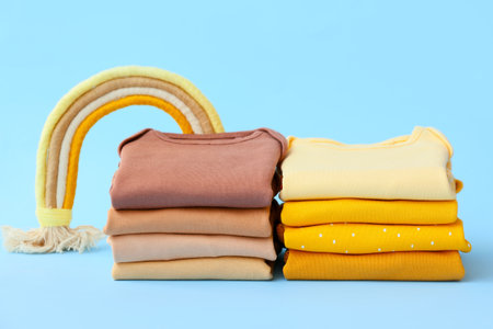 Stacks of baby clothes and toys on color backgroundの写真素材